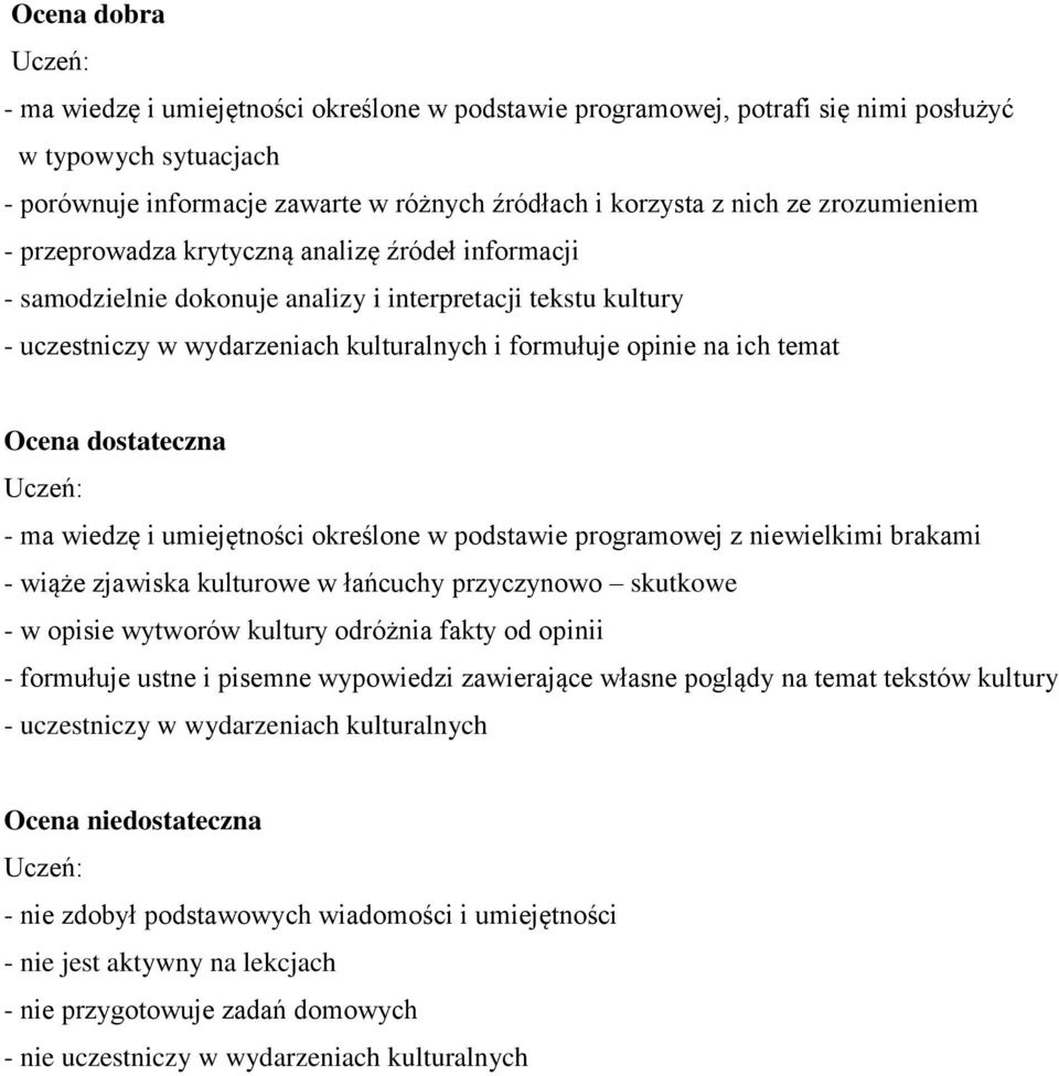 temat Ocena dostateczna - ma wiedzę i umiejętności określone w podstawie programowej z niewielkimi brakami - wiąże zjawiska kulturowe w łańcuchy przyczynowo skutkowe - w opisie wytworów kultury