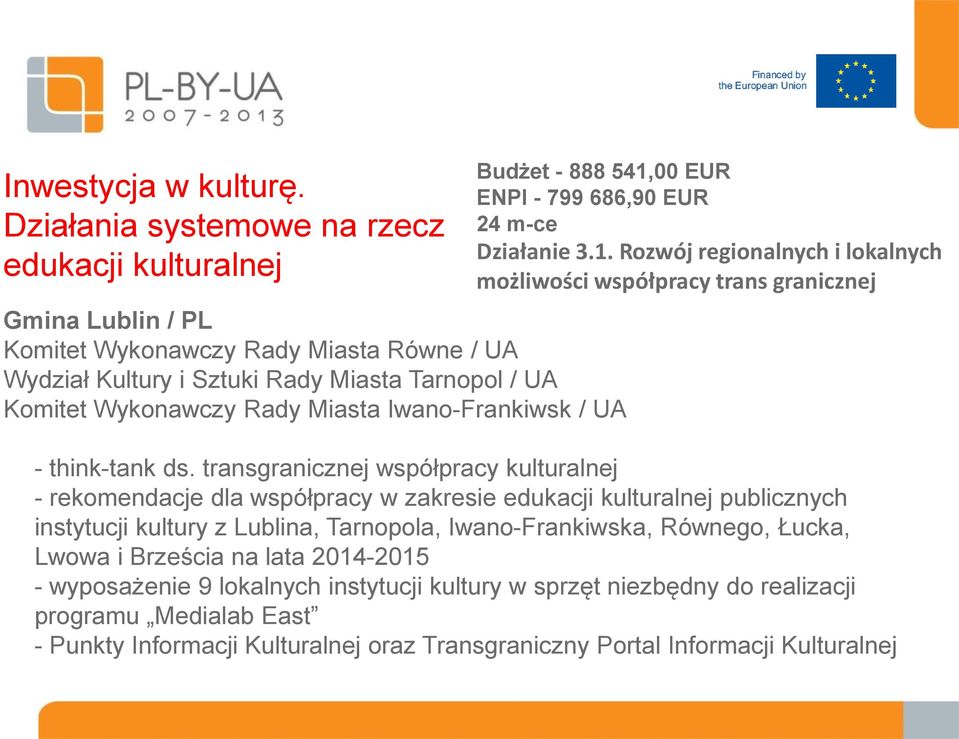 Iwano-Frankiwsk / UA Budżet - 888 541,00 EUR ENPI - 799 686,90 EUR 24 m-ce Działanie 3.1. Rozwój regionalnych i lokalnych możliwości współpracy trans granicznej - think-tank ds.