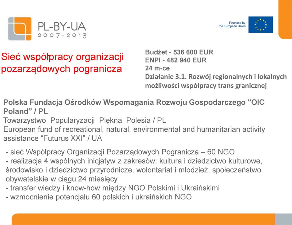 European fund of recreational, natural, environmental and humanitarian activity assistance Futurus XXI / UA - sieć Współpracy Organizacji Pozarządowych Pogranicza 60 NGO - realizacja 4 wspólnych