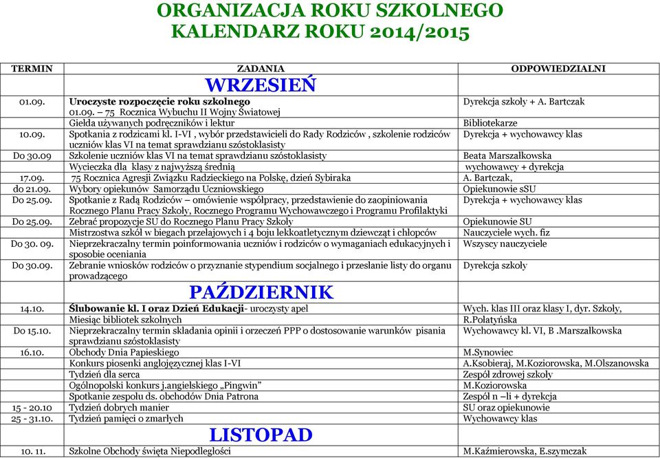 09 Szkolenie uczniów klas VI na temat sprawdzianu szóstoklasisty Beata Marszałkowska Wycieczka dla klasy z najwyższą średnią wychowawcy + dyrekcja 17.09. 75 Rocznica Agresji Związku Radzieckiego na Polskę, dzień Sybiraka A.