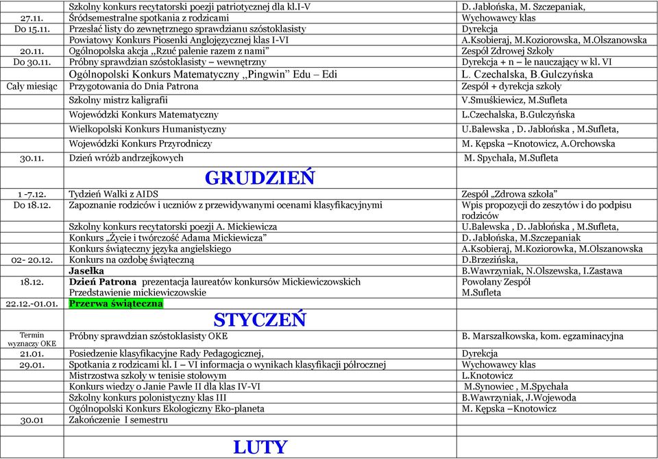 Koziorowska, M.Olszanowska 20.11. Ogólnopolska akcja,,rzuć palenie razem z nami Zespół Zdrowej Szkoły Do 30.11. Próbny sprawdzian szóstoklasisty wewnętrzny Dyrekcja + n le nauczający w kl.