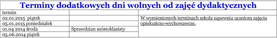 2015 piątek W wymienionych terminach szkoła zapewnia uczniom