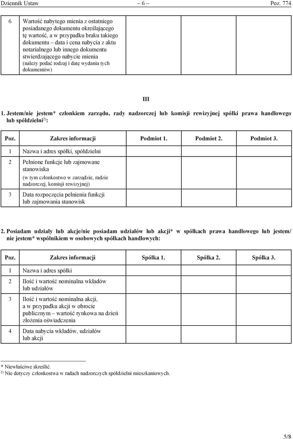 stwierdzającego nabycie mienia (należy podać rodzaj i datę wydania tych dokumentów) III 1.