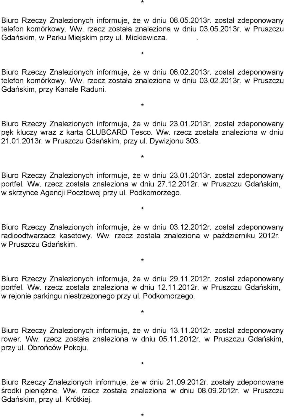 Biuro Rzeczy Znalezionych informuje, że w dniu 23.01.2013r. został zdeponowany pęk kluczy wraz z kartą CLUBCARD Tesco. Ww. rzecz została znaleziona w dniu 21.01.2013r. w Pruszczu Gdańskim, przy ul.