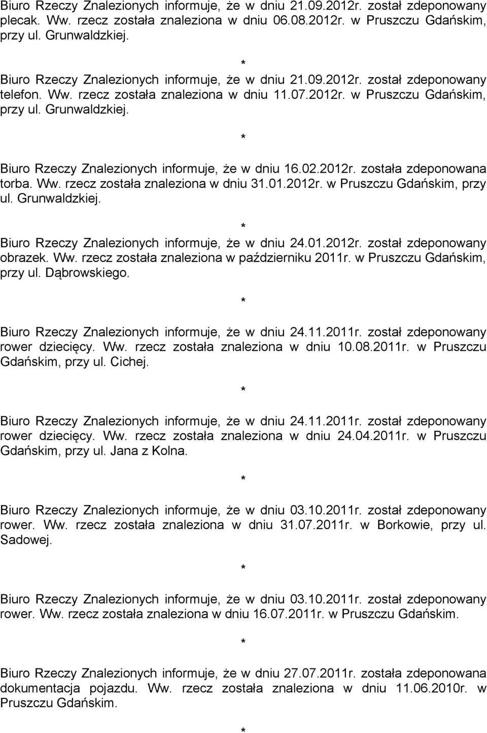 Biuro Rzeczy Znalezionych informuje, że w dniu 16.02.2012r. została zdeponowana torba. Ww. rzecz została znaleziona w dniu 31.01.2012r. w Pruszczu Gdańskim, przy ul. Grunwaldzkiej.