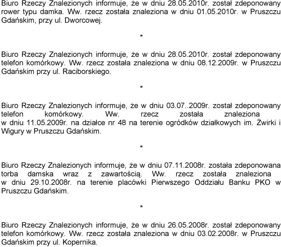 Biuro Rzeczy Znalezionych informuje, że w dniu 03.07..2009r. został zdeponowany telefon komórkowy. Ww. rzecz została znaleziona w dniu 11.05.2009r. na działce nr 48 na terenie ogródków działkowych im.