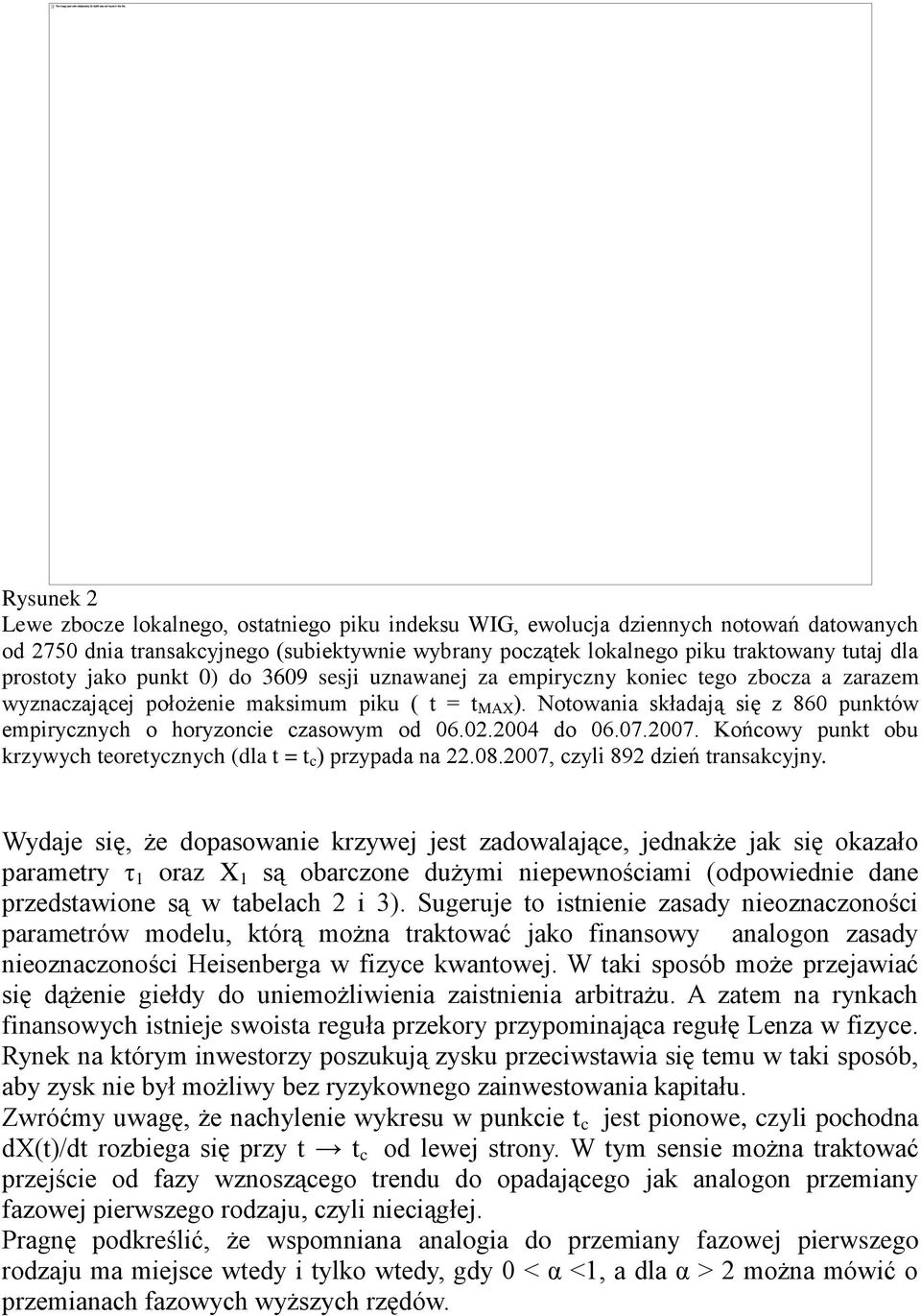 Notowania składają się z 860 punktów empirycznych o horyzoncie czasowym od 06.02.2004 do 06.07.2007. Końcowy punkt obu krzywych teoretycznych (dla t = t c ) przypada na 22.08.