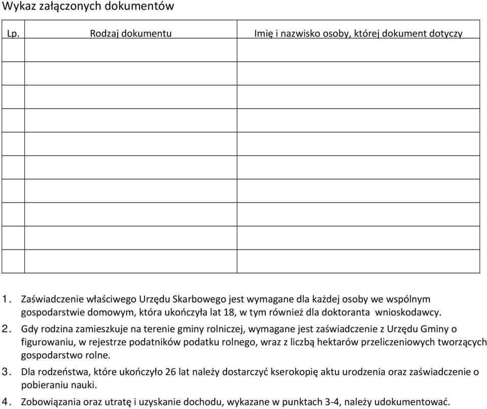 Gdy rodzina zamieszkuje na terenie gminy rolniczej, wymagane jest zaświadczenie z Urzędu Gminy o figurowaniu, w rejestrze podatników podatku rolnego, wraz z liczbą hektarów