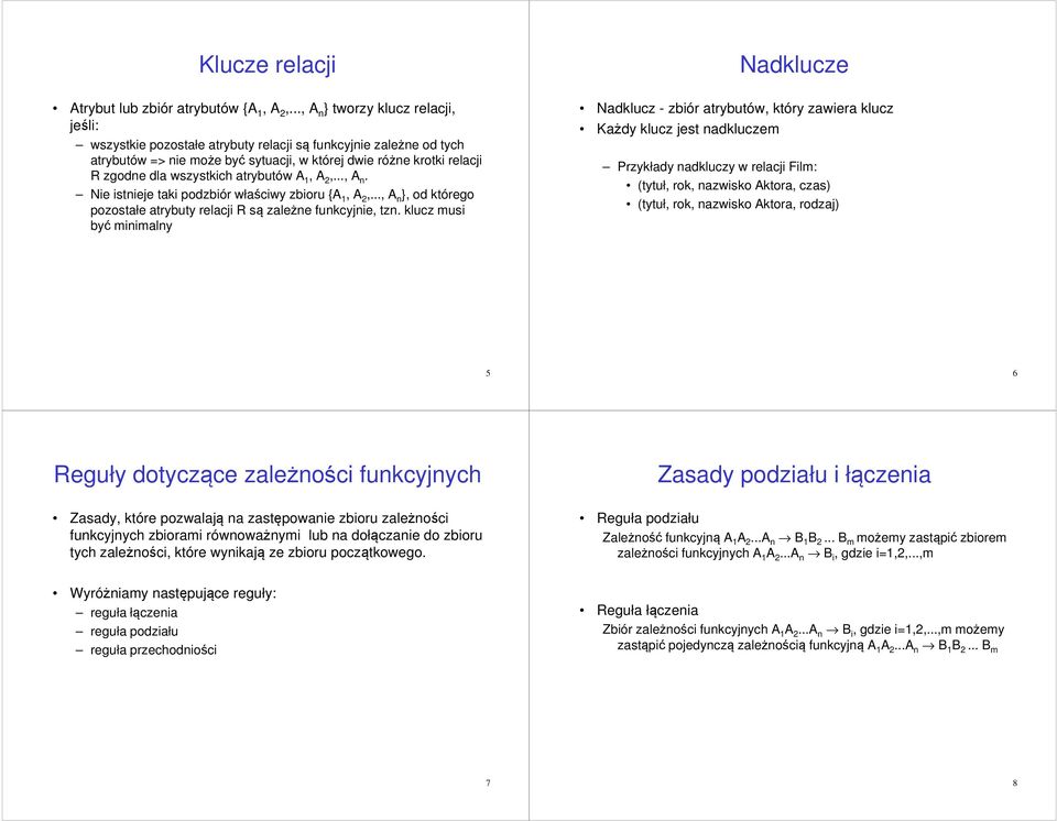 wszystkich atrybutów A 1, A 2,..., A n. Nie istnieje taki podzbiór właściwy zbioru {A 1, A 2,..., A n }, od którego pozostałe atrybuty relacji R są zależne funkcyjnie, tzn.