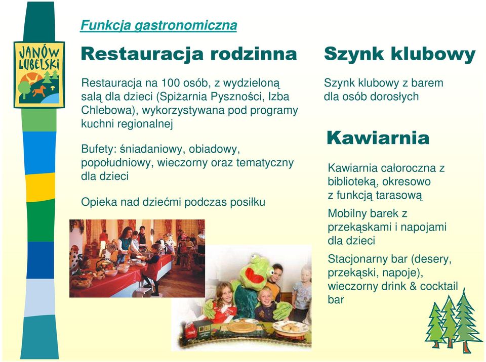 nad dziećmi podczas posiłku Szynk klubowy Szynk klubowy z barem dla osób dorosłych Kawiarnia Kawiarnia całoroczna z biblioteką, okresowo z