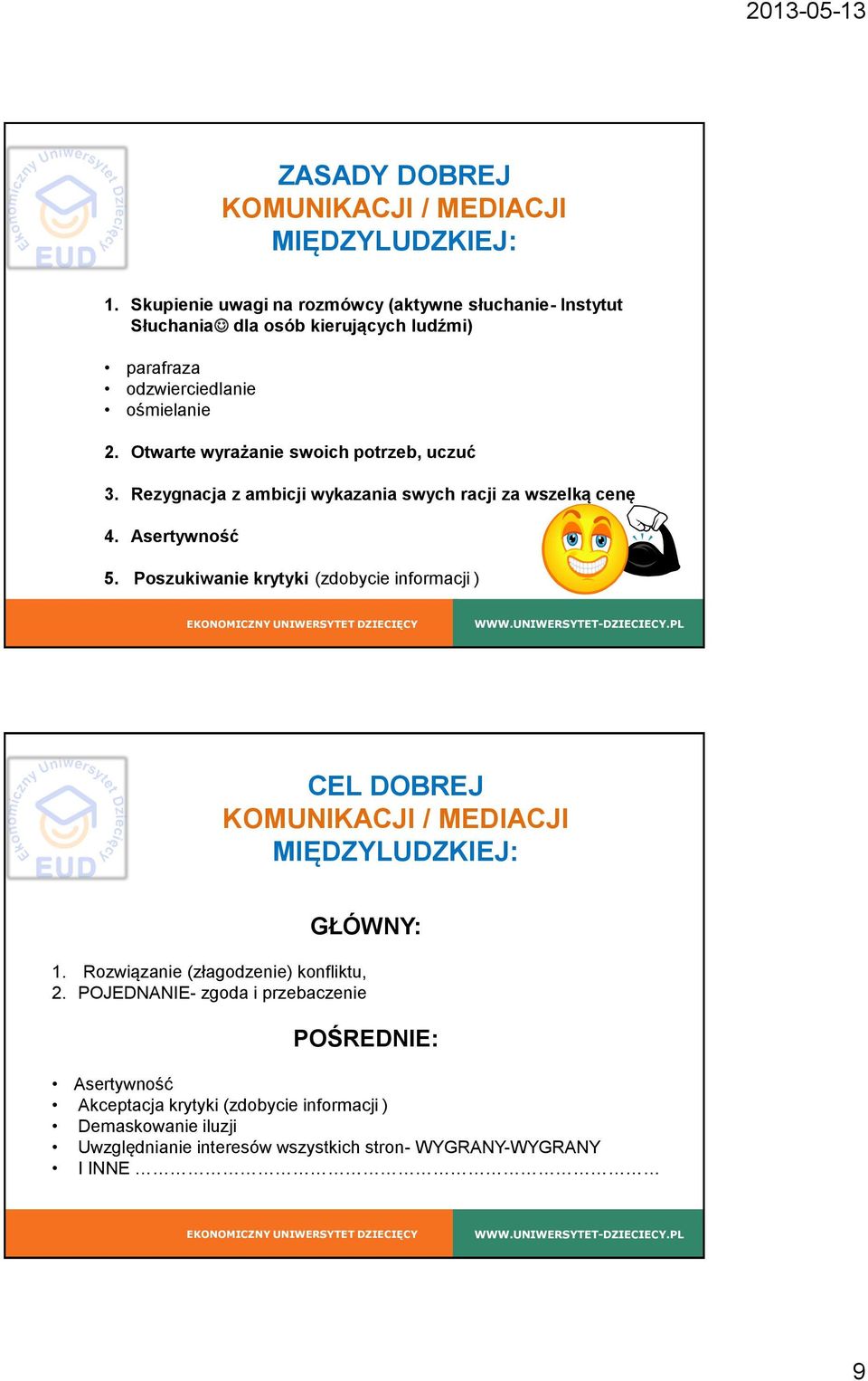 Otwarte wyrażanie swoich potrzeb, uczuć 3. Rezygnacja z ambicji wykazania swych racji za wszelką cenę 4. Asertywność 5.