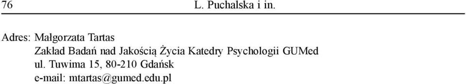 nad Jakością Życia Katedry Psychologii