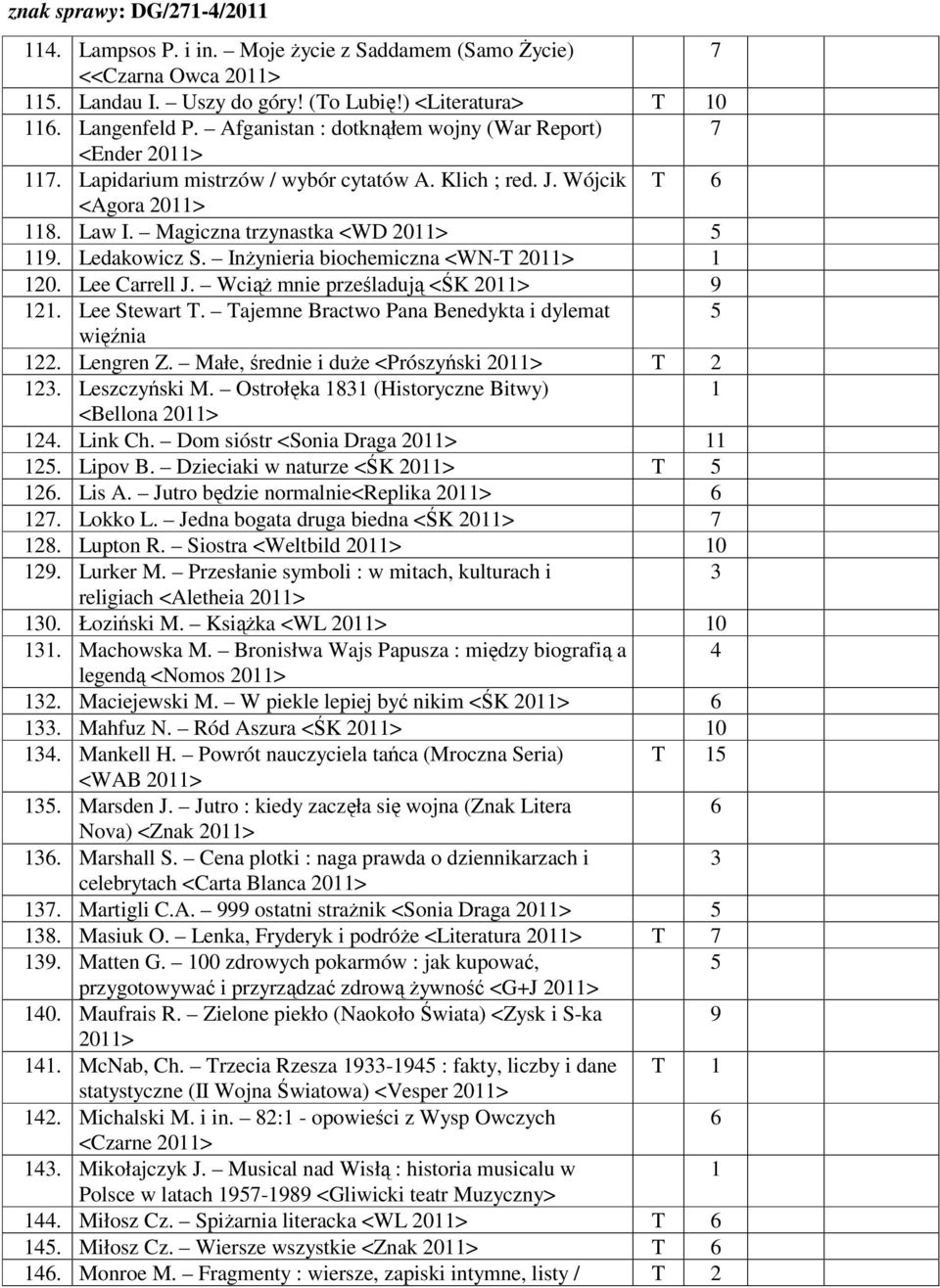 InŜynieria biochemiczna <WN-T 0. Lee Carrell J. WciąŜ mnie prześladują <ŚK 9. Lee Stewart T. Tajemne Bractwo Pana Benedykta i dylemat więźnia. Lengren Z. Małe, średnie i duŝe <Prószyński T.