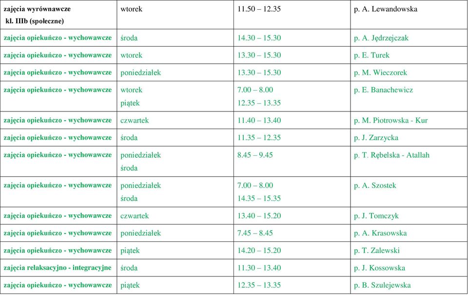 35 zajęcia opiekuńczo - wychowawcze czwartek 11.40 13.40 p. M. Piotrowska - Kur zajęcia opiekuńczo - wychowawcze środa 11.35 12.35 p. J. Zarzycka zajęcia opiekuńczo - wychowawcze poniedziałek środa 8.