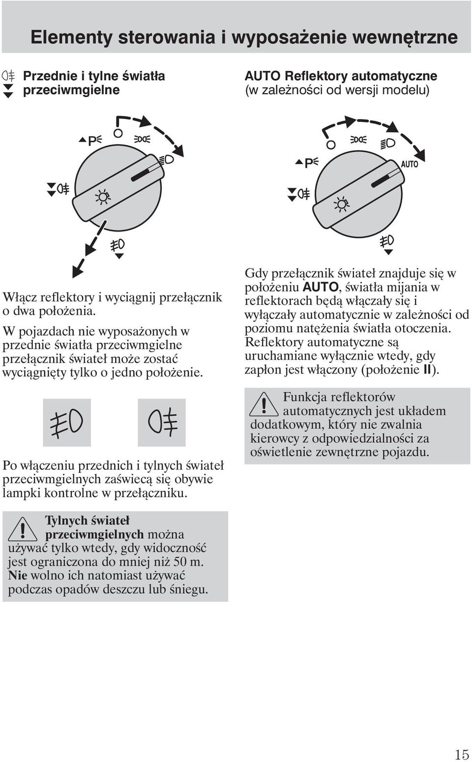 Po włączeniu przednich i tylnych świateł przeciwmgielnych zaświecą się obywie lampki kontrolne w przełączniku.
