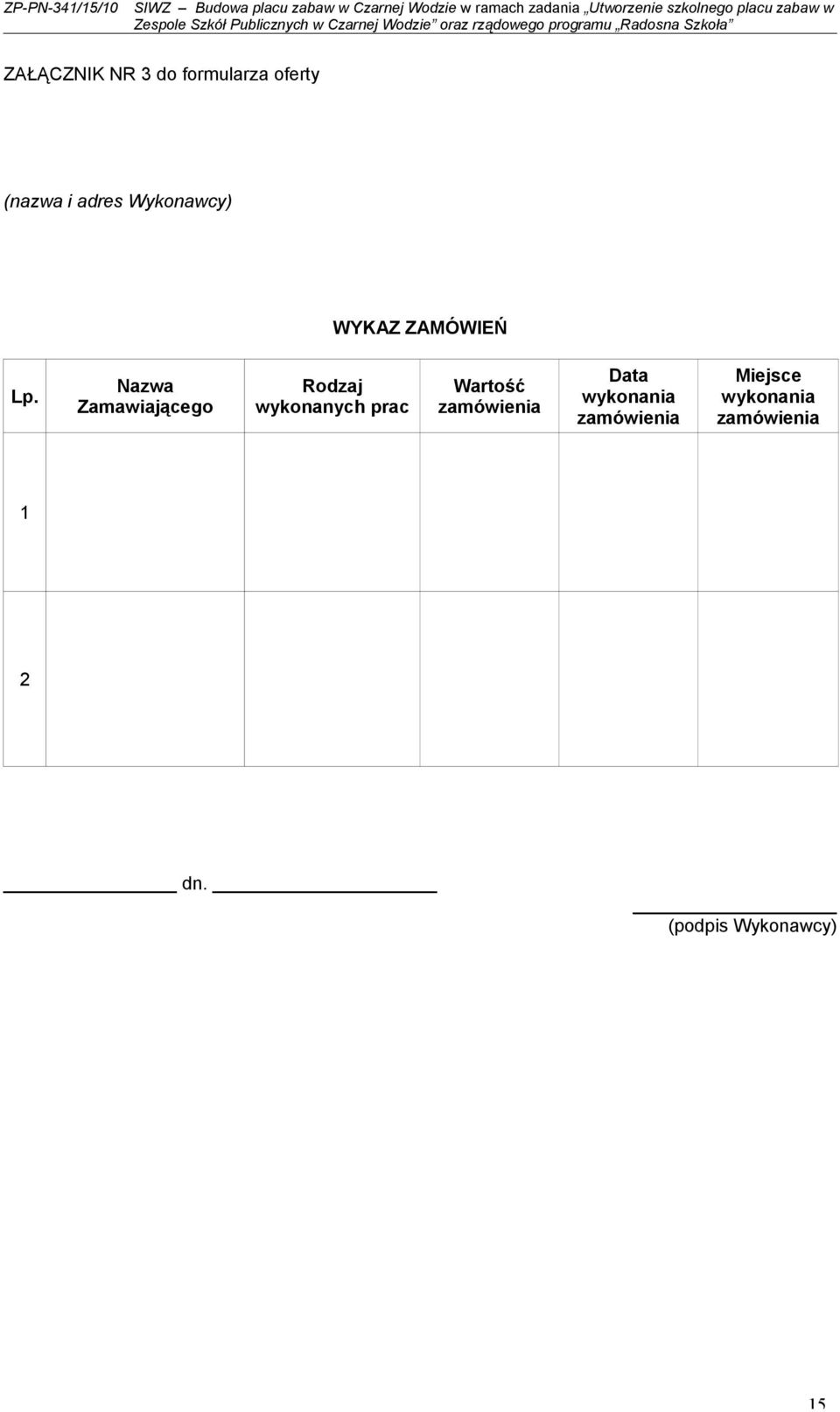 Nazwa Zamawiającego Rodzaj wykonanych prac Wartość