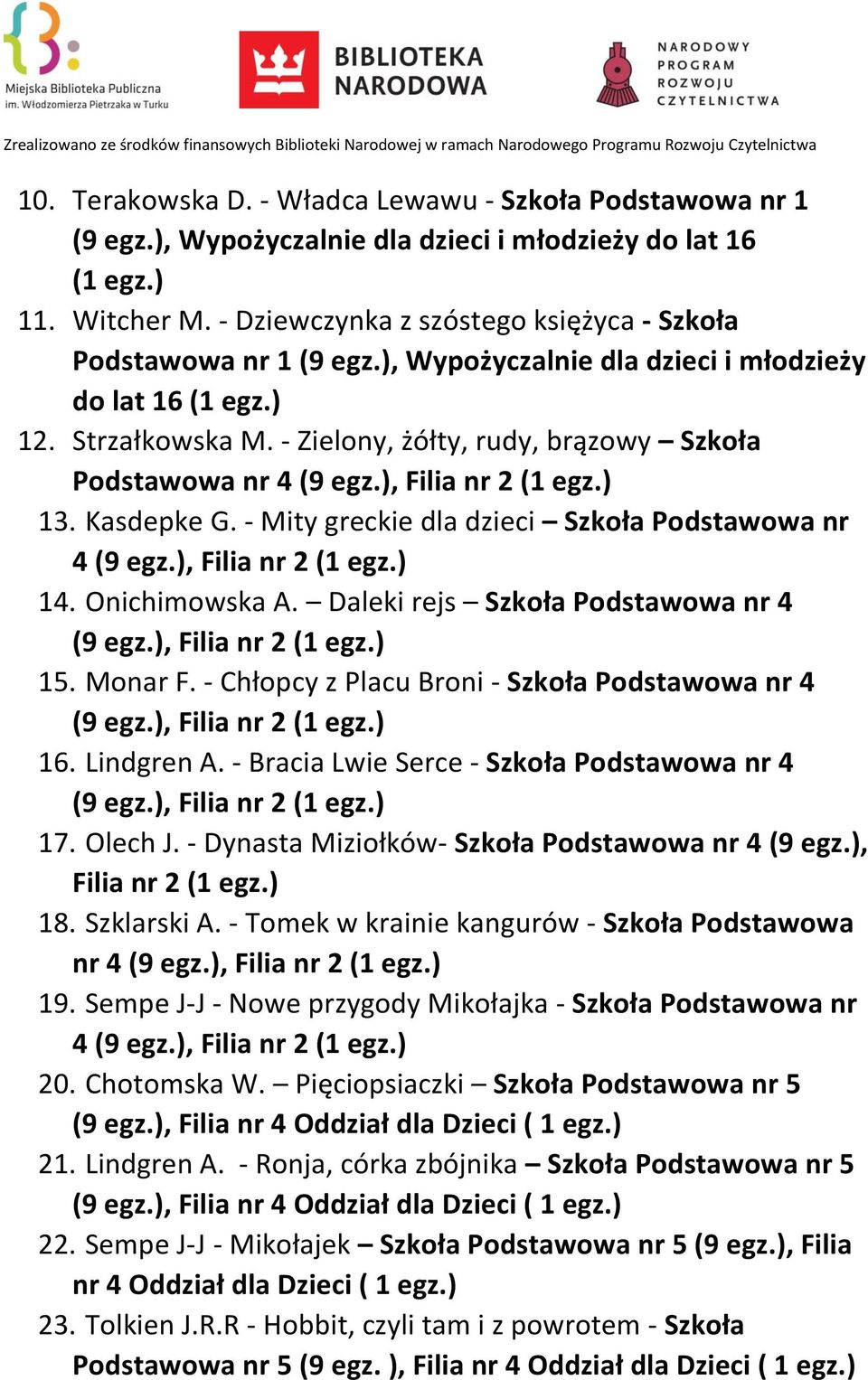 - Mity greckie dla dzieci Szkoła Podstawowa nr 4 (9 egz.), Filia nr 2 14. Onichimowska A. Daleki rejs Szkoła Podstawowa nr 4 (9 egz.), Filia nr 2 15. Monar F.