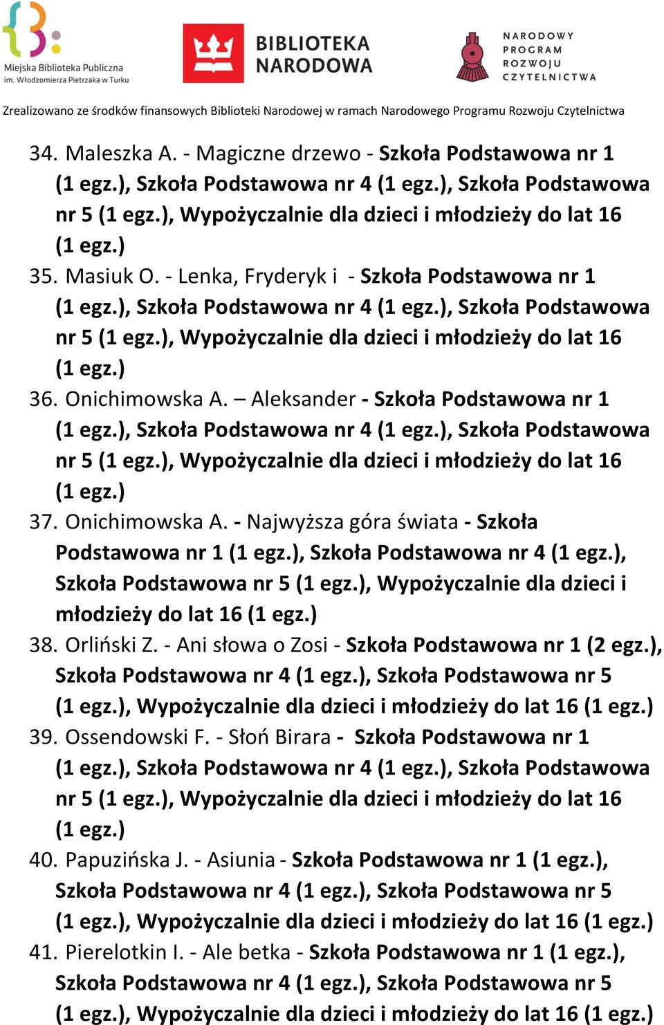 Aleksander - Szkoła Podstawowa nr 1, Szkoła Podstawowa nr 4, Szkoła Podstawowa nr 5, Wypożyczalnie dla dzieci i młodzieży do lat 16 37. Onichimowska A.