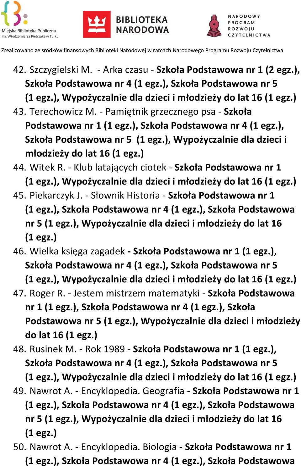 - Klub latających ciotek - Szkoła Podstawowa nr 1, Wypożyczalnie dla dzieci i młodzieży do lat 16 45. Piekarczyk J.