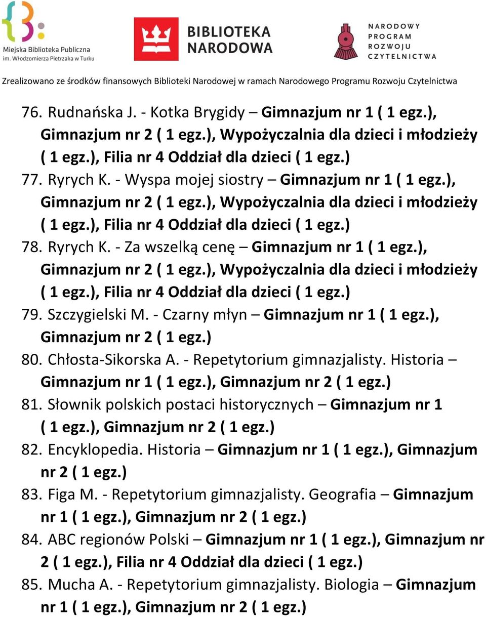 - Za wszelką cenę Gimnazjum nr 1 ( 1 egz.), Gimnazjum nr 2 ( 1 egz.), Wypożyczalnia dla dzieci i młodzieży ( 1 egz.), Filia nr 4 Oddział dla dzieci ( 1 egz.) 79. Szczygielski M.