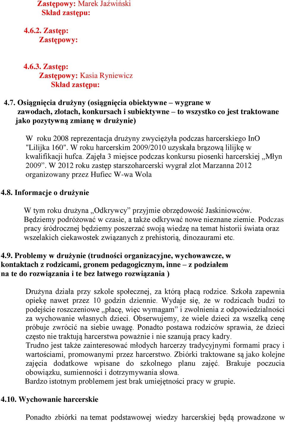 zwyciężyła podczas harcerskiego InO "Lilijka 160". W roku harcerskim 2009/2010 uzyskała brązową lilijkę w kwalifikacji hufca. Zajęła 3 miejsce podczas konkursu piosenki harcerskiej Młyn 2009.