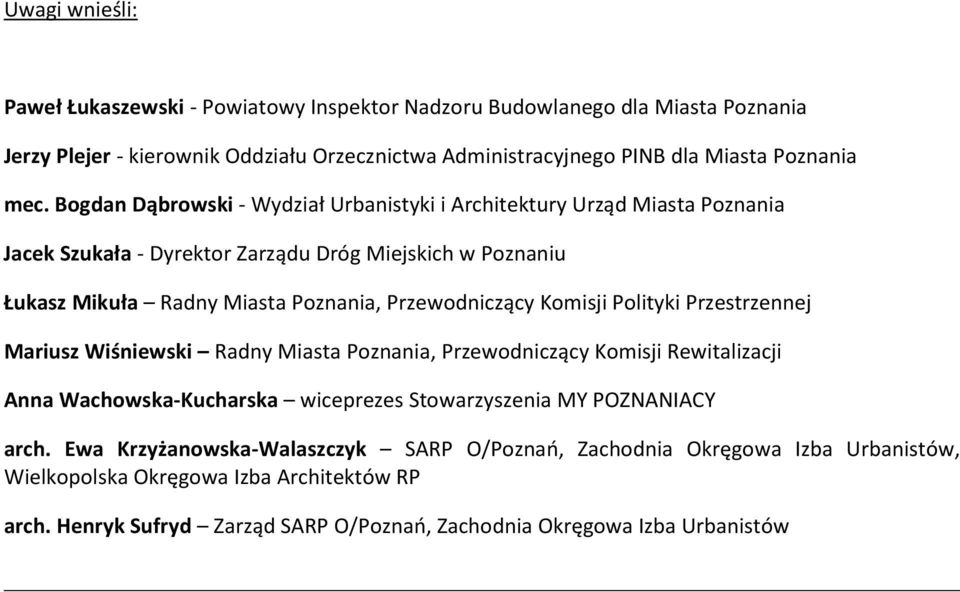 Komisji Polityki Przestrzennej Mariusz Wiśniewski Radny Miasta Poznania, Przewodniczący Komisji Rewitalizacji Anna Wachowska-Kucharska wiceprezes Stowarzyszenia MY POZNANIACY arch.