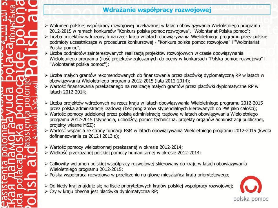 pomoc rozwojowa" i "Wolontariat Polska pomoc"; Liczba podmiotów zainteresowanych realizacją projektów rozwojowych w czasie obowiązywania Wieloletniego programu (ilość projektów zgłoszonych do oceny w