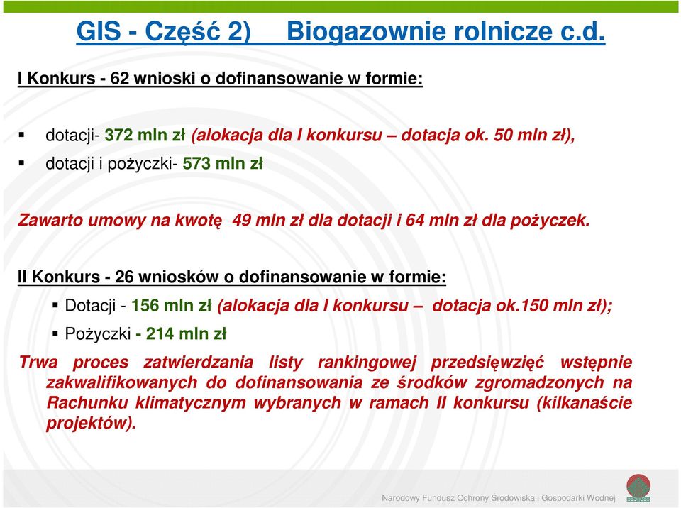 II Konkurs - 26 wniosków o dofinansowanie w formie: Dotacji - 156 mln zł (alokacja dla I konkursu dotacja ok.