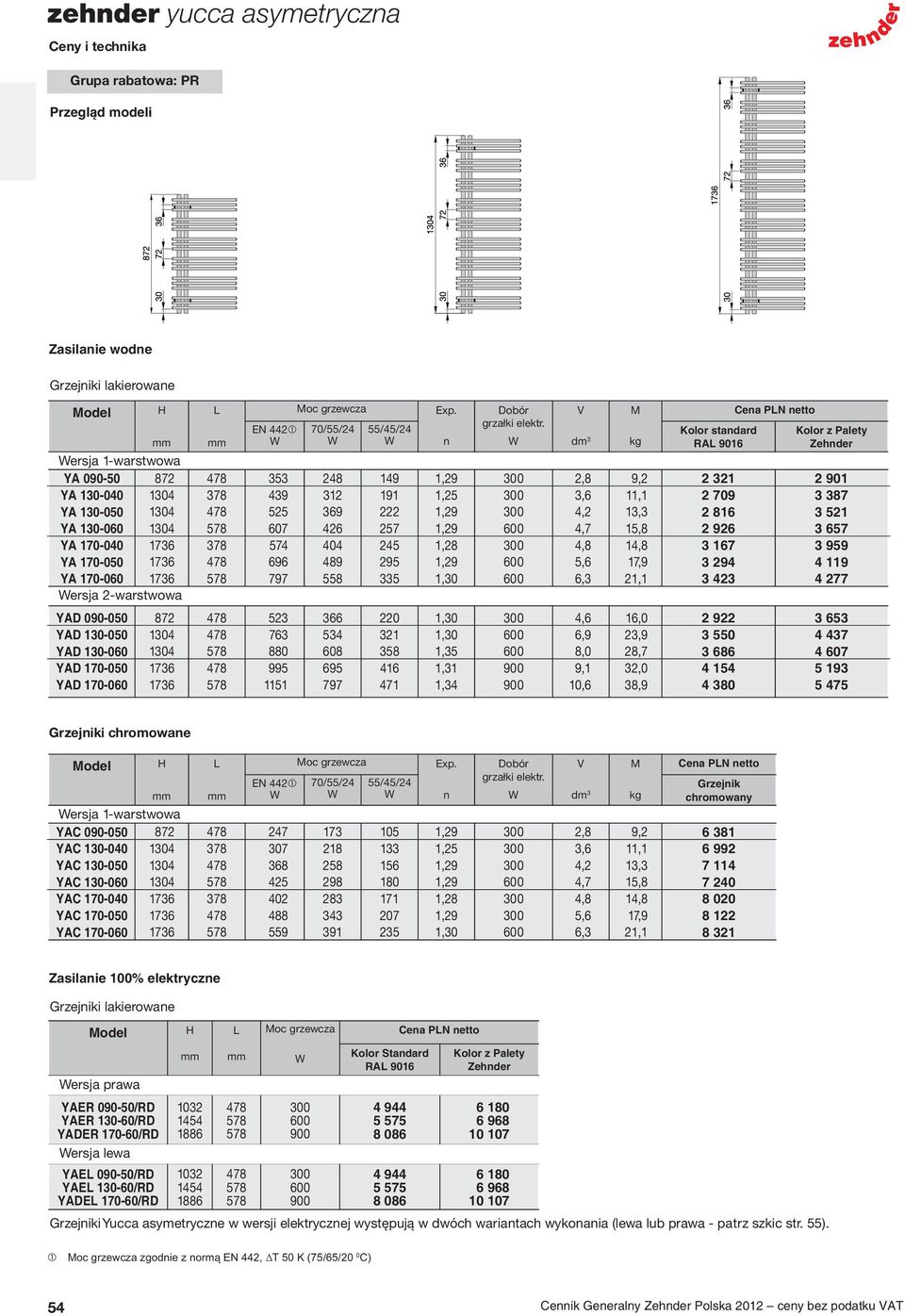 dm 3 2,8 3,6 4,2 4,7 4,8 5,6 6,3 M kg 9,2 11,1 13,3 15,8 14,8 17,9 21,1 Kolor standard RA 9016 2 321 2 709 2 816 2 926 3 167 3 294 3 423 Kolor z Palety Zehnder 2 901 3 387 3 521 3 657 3 959 4 119 4