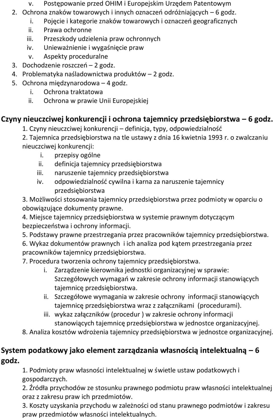 5. Ochrona międzynarodowa 4 godz. i. Ochrona traktatowa ii. Ochrona w prawie Unii Europejskiej Czyny nieuczciwej konkurencji i ochrona tajemnicy przedsiębiorstwa 6 godz. 1.