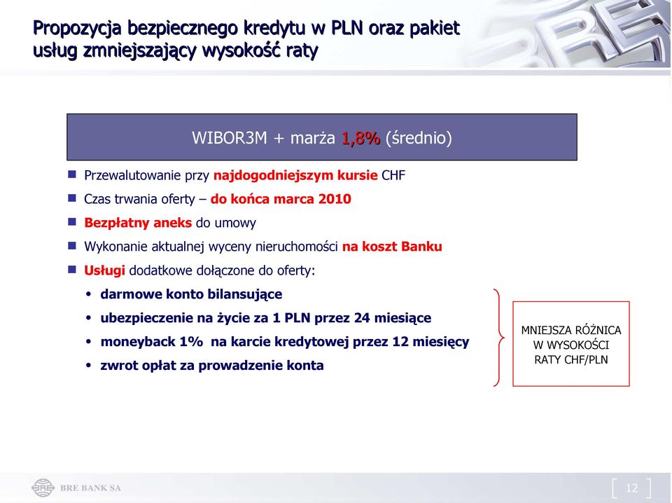 dodatkowe dołączone do oferty: darmowe konto bilansujące WIBOR3M + marża 1,8% (średnio) ubezpieczenie na życie za 1 PLN przez 24