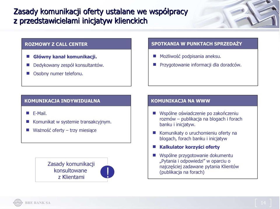Ważność oferty trzy miesiące Zasady komunikacji konsultowane z Klientami! KOMUNIKACJA NA WWW Wspólne oświadczenie po zakończeniu rozmów publikacja na blogach i forach banku i inicjatyw.