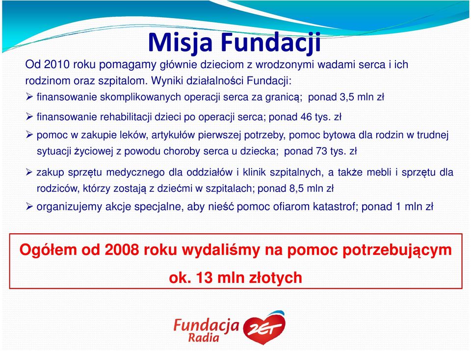 zł pomoc w zakupie leków, artykułów pierwszej potrzeby, pomoc bytowa dla rodzin w trudnej sytuacji życiowej z powodu choroby serca u dziecka; ponad 73 tys.