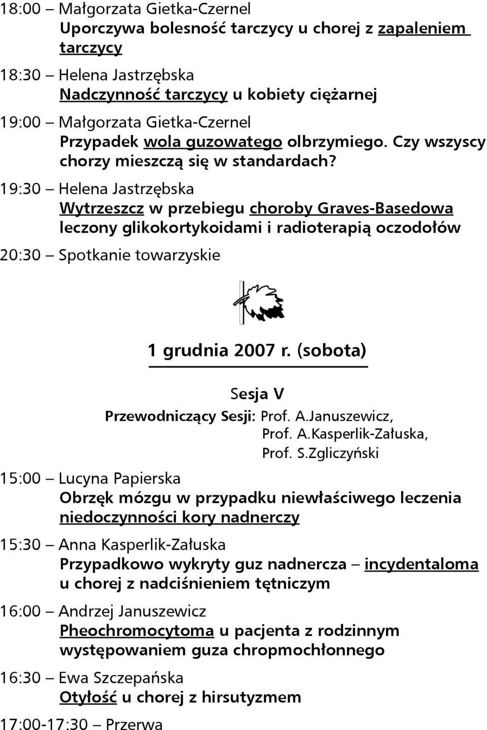 19:30 Helena Jastrzębska Wytrzeszcz w przebiegu choroby Graves-Basedowa leczony glikokortykoidami i radioterapią oczodołów 20:30 Spotkanie towarzyskie 1 grudnia 2007 r.