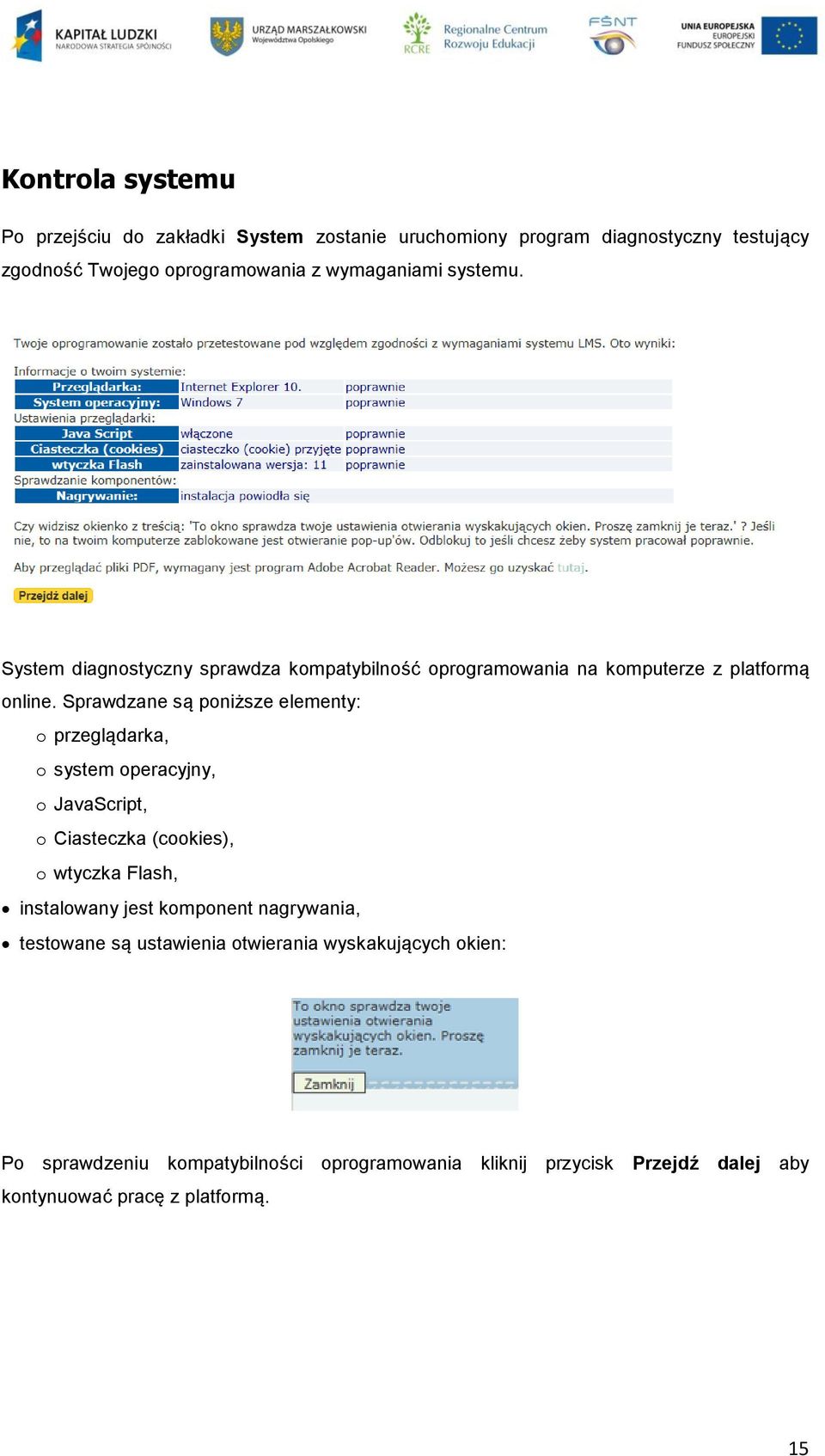 Sprawdzane są poniższe elementy: o przeglądarka, o system operacyjny, o JavaScript, o Ciasteczka (cookies), o wtyczka Flash, instalowany jest