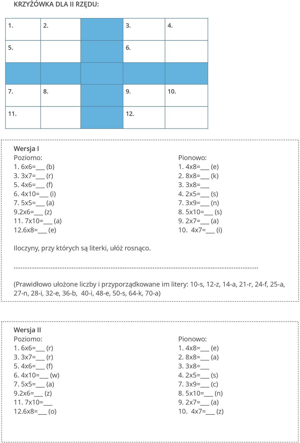 (Prawidłowo ułożone liczby i przyporządkowane im litery: 10-s, 12-z, 14-a, 21-r, 24-f, 25-a, 27-n, 28-i, 32-e, 36-b, 40-i, 48-e, 50-s, 64-k, 70-a) Wersja II Pionowo: 1.