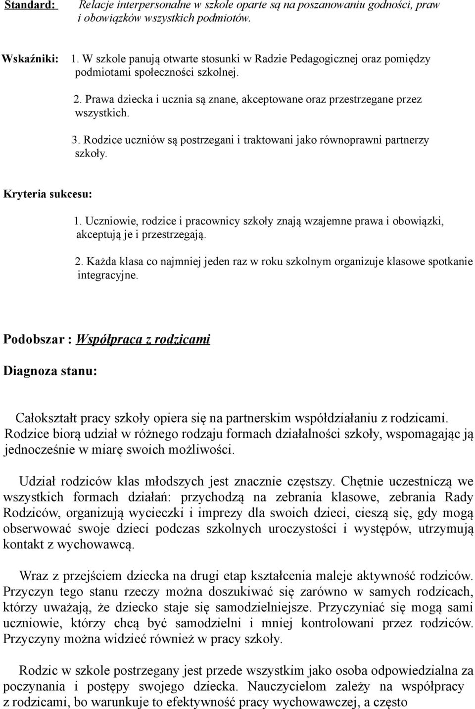 Rodzice uczniów są postrzegani i traktowani jako równoprawni partnerzy szkoły. 1. Uczniowie, rodzice i pracownicy szkoły znają wzajemne prawa i obowiązki, akceptują je i przestrzegają. 2.