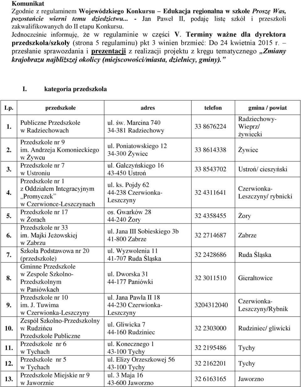 Terminy ważne dla dyrektora przedszkola/szkoły (strona 5 regulaminu) pkt 3 winien brzmieć: Do 24 kwietnia 2015 r.