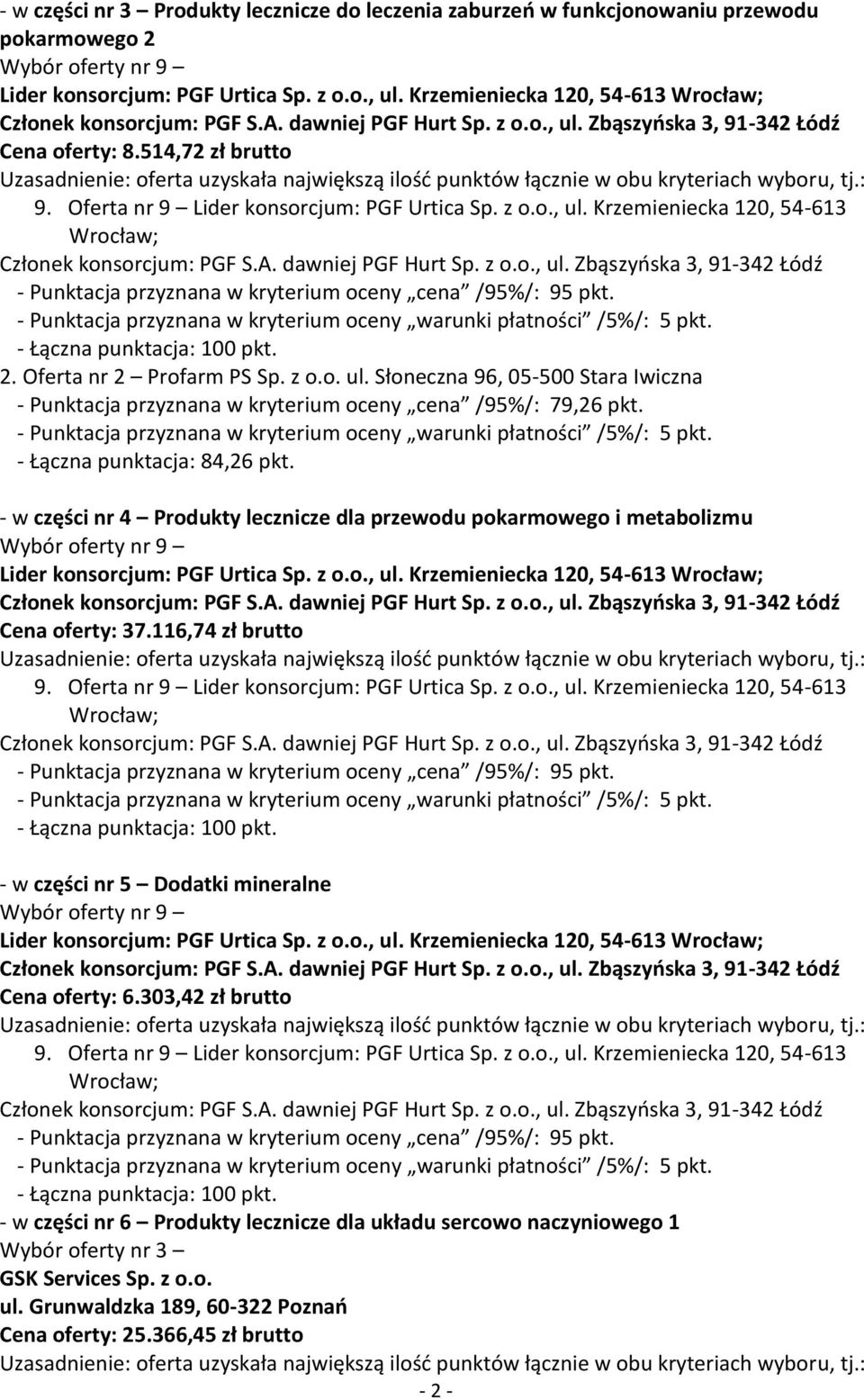- w części nr 4 Produkty lecznicze dla przewodu pokarmowego i metabolizmu Lider konsorcjum: PGF Urtica Sp. z o.o., ul. Krzemieniecka 120, 54-613 Cena oferty: 37.