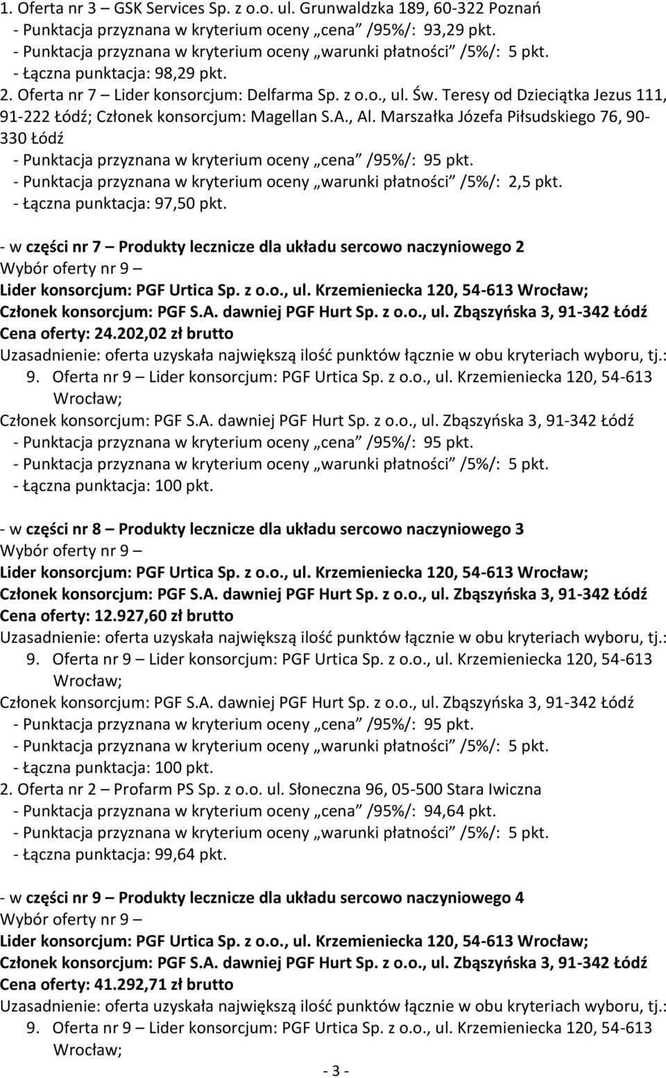 Marszałka Józefa Piłsudskiego 76, 90-330 Łódź - Punktacja przyznana w kryterium oceny warunki płatności /5%/: 2,5 pkt. - Łączna punktacja: 97,50 pkt.