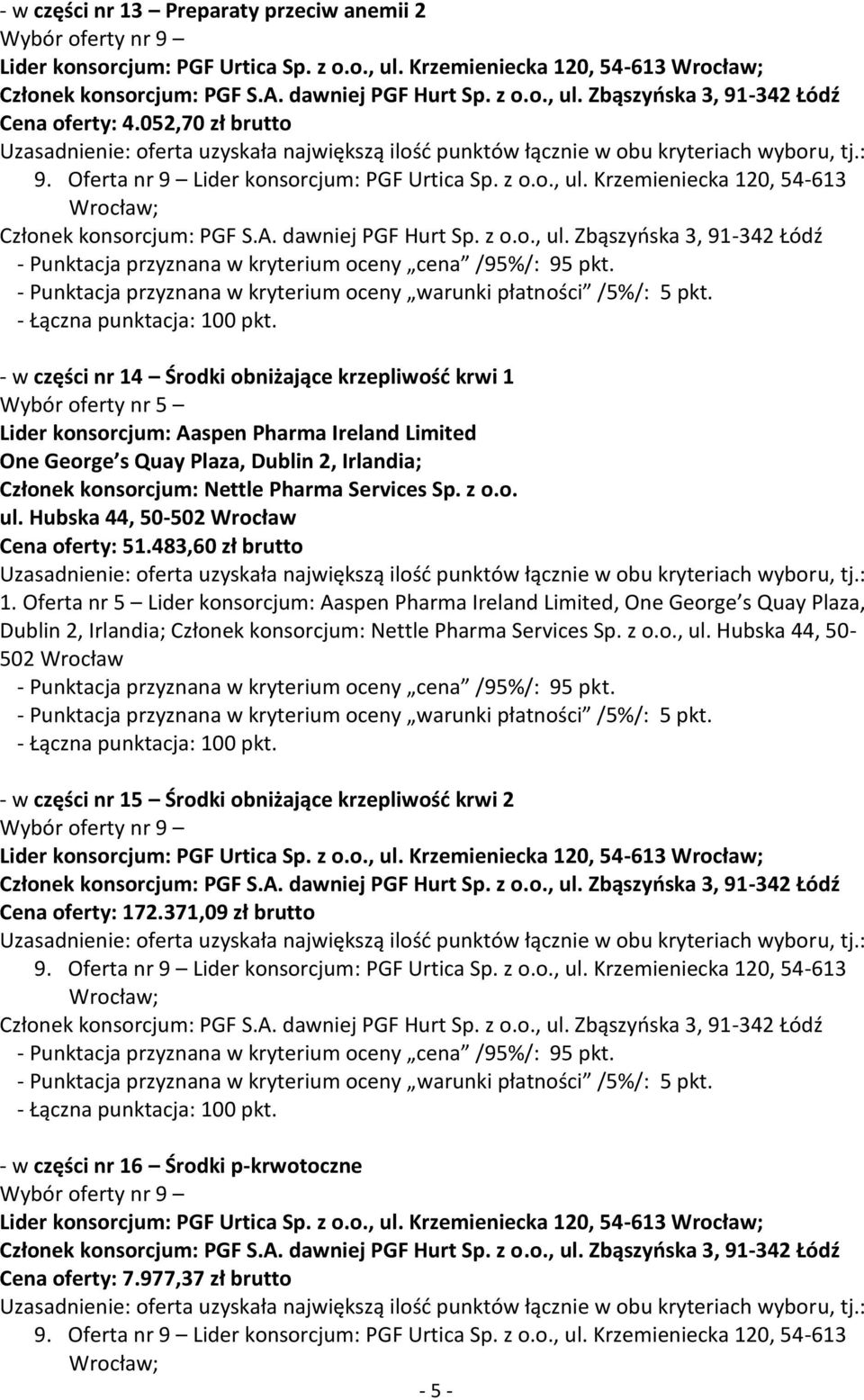 konsorcjum: Nettle Pharma Services Sp. z o.o. ul. Hubska 44, 50-502 Wrocław Cena oferty: 51.483,60 zł brutto 1.