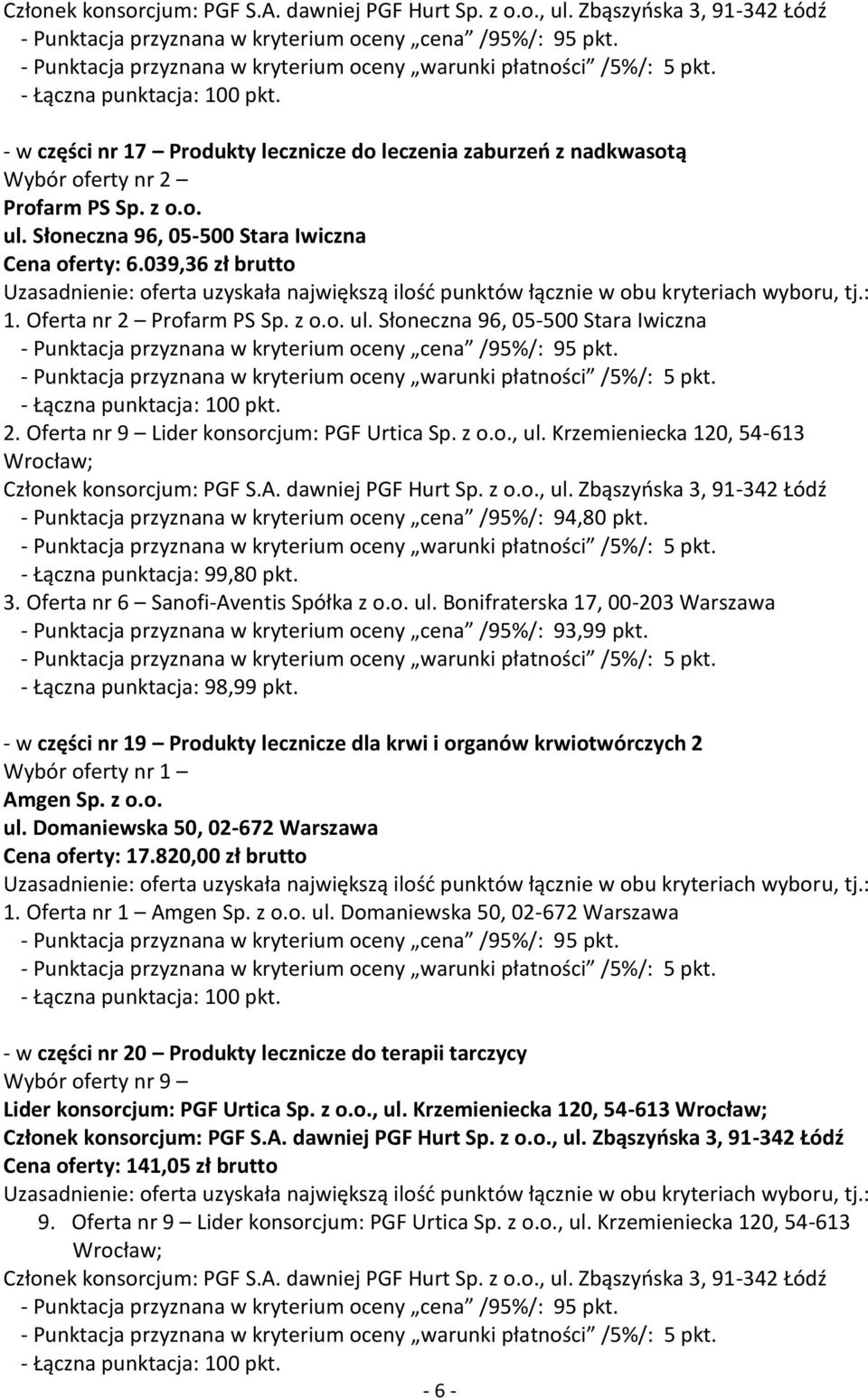 Krzemieniecka 120, 54-613 - Punktacja przyznana w kryterium oceny cena /95%/: 94,80 pkt. - Łączna punktacja: 99,80 pkt. 3. Oferta nr 6 Sanofi-Aventis Spółka z o.o. ul.