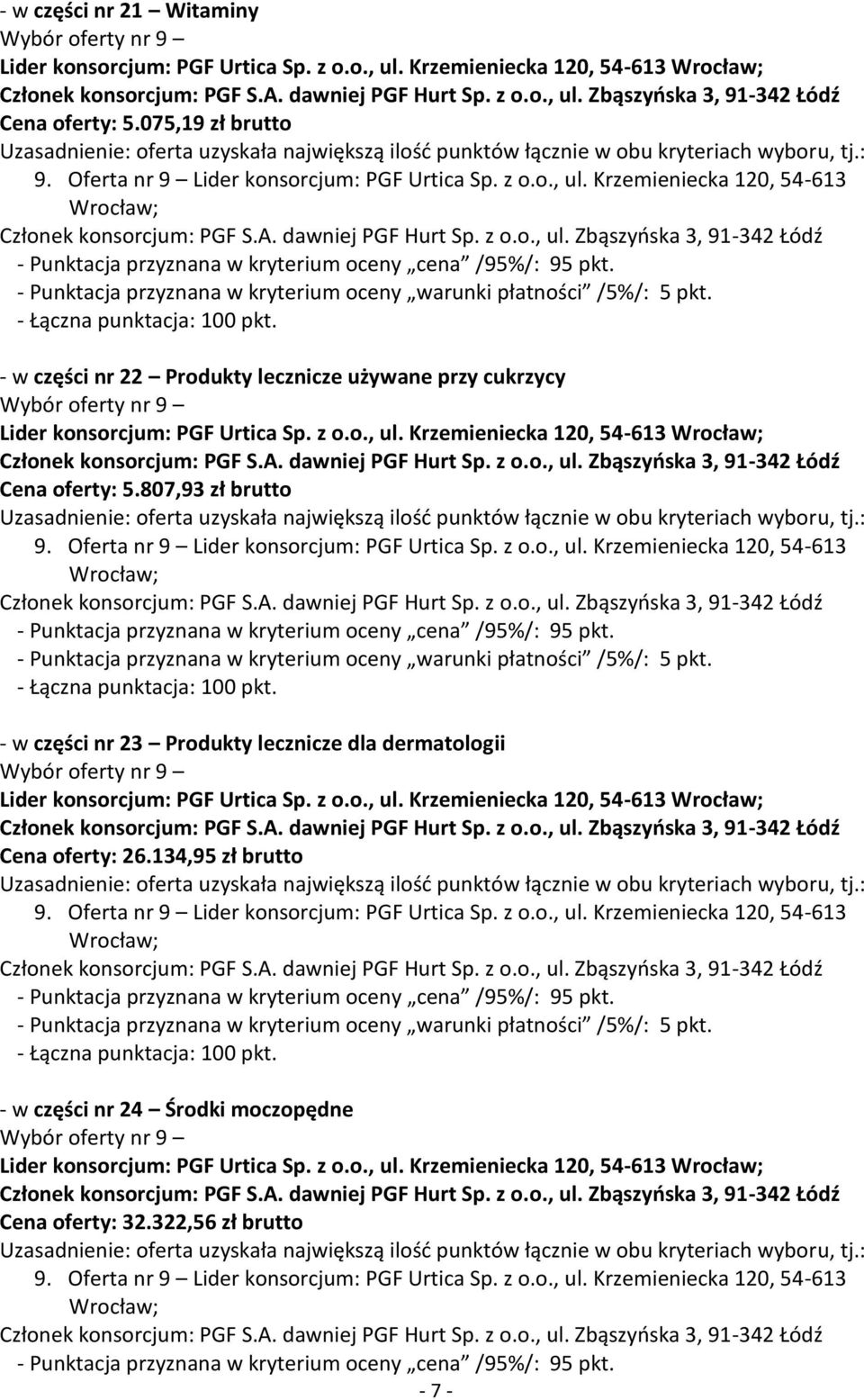 Krzemieniecka 120, 54-613 Cena oferty: 5.807,93 zł brutto - w części nr 23 Produkty lecznicze dla dermatologii Lider konsorcjum: PGF Urtica Sp. z o.