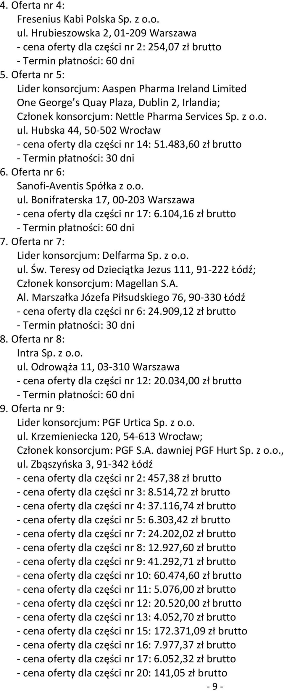Hubska 44, 50-502 Wrocław - cena oferty dla części nr 14: 51.483,60 zł brutto - Termin płatności: 30 dni 6. Oferta nr 6: Sanofi-Aventis Spółka z o.o. ul.