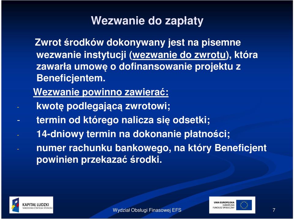 Wezwanie powinno zawierać: - kwotę podlegającą zwrotowi; - termin od którego nalicza się