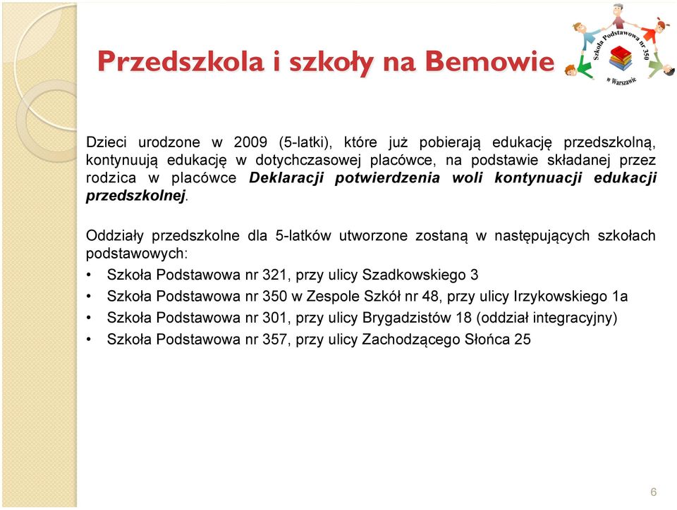 Oddziały przedszkolne dla 5-latków utworzone zostaną w następujących szkołach podstawowych: Szkoła Podstawowa nr 321, przy ulicy Szadkowskiego 3 Szkoła