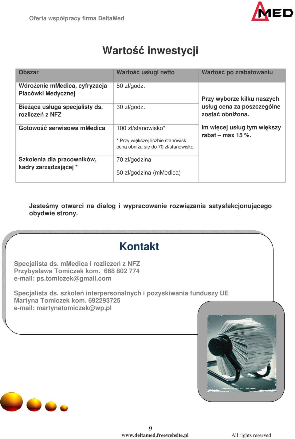 70 zł/godzina 50 zł/godzina (mmedica) Przy wyborze kilku naszych usług cena za poszczególne zostać obniżona. Im więcej usług tym większy rabat max 15 %.