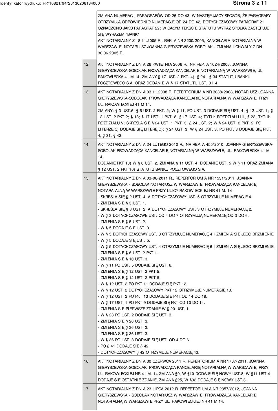 A NR 3200/2005, KANCELARIA NOTARIALNA W WARSZAWIE, NOTARIUSZ JOANNA GIERYSZEWSKA-SOBOLAK - ZMIANA UCHWAŁY Z DN. 30.06.2005 R. 12 AKT NOTARIALNY Z DNIA 26 KWIETNIA 2006 R., NR REP.