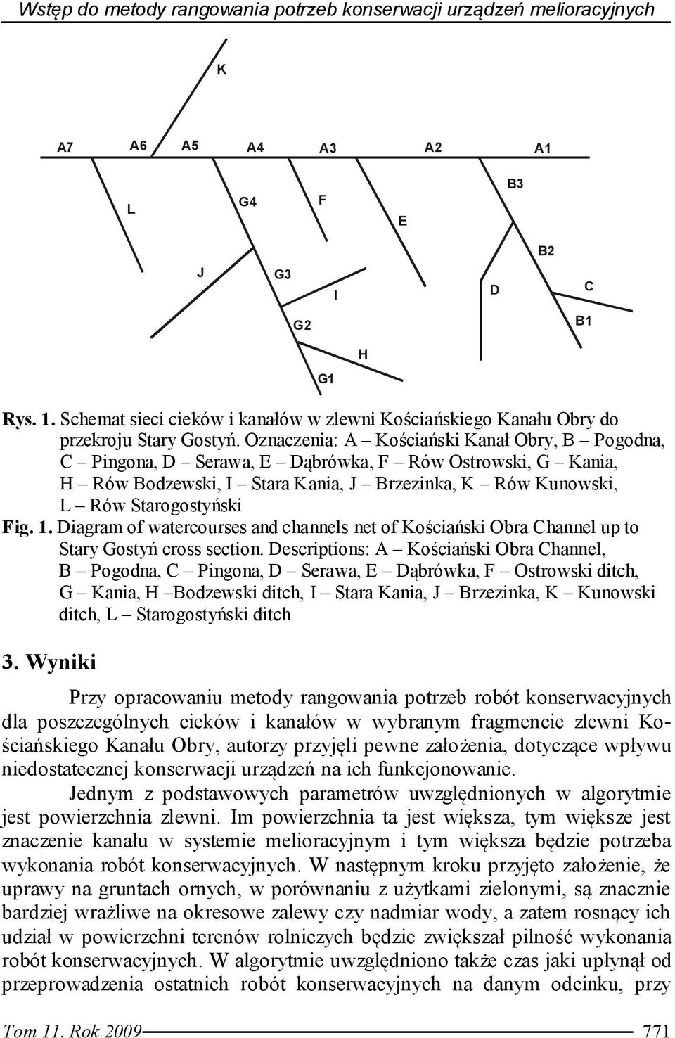 Oznaczenia: A Kościański Kanał Obry, B Pogodna, C Pingona, D Serawa, E Dąbrówka, F Rów Ostrowski, G Kania, H Rów Bodzewski, I Stara Kania, J Brzezinka, K Rów Kunowski, L Rów Starogostyński Fig. 1.