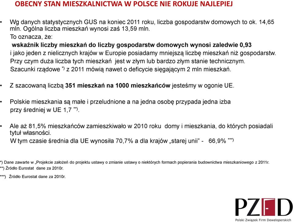 Przy czym duża liczba tych mieszkań jest w złym lub bardzo złym stanie technicznym. Szacunki rządowe *) z 2011 mówią nawet o deficycie sięgającym 2 mln mieszkań.